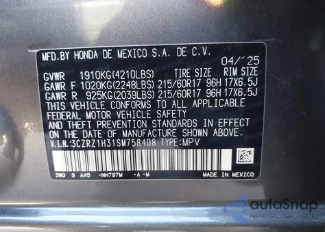 2025 Honda Hr-V 2Wd Lx from USA, damaged, VIN 3CZRZ1H31SM758408